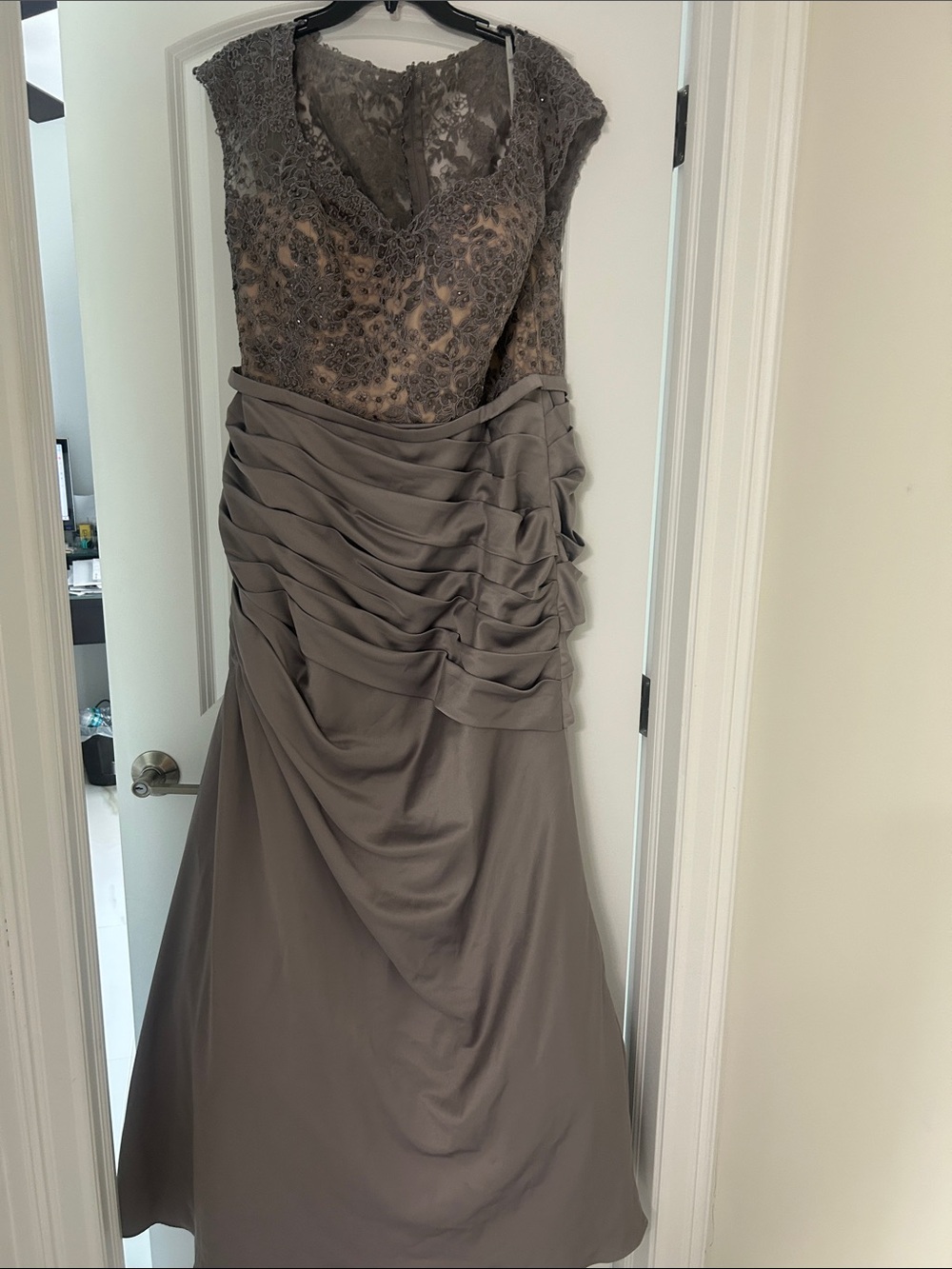 La Femme Taupe Lace Bodice Ruched Satin Evening Dress